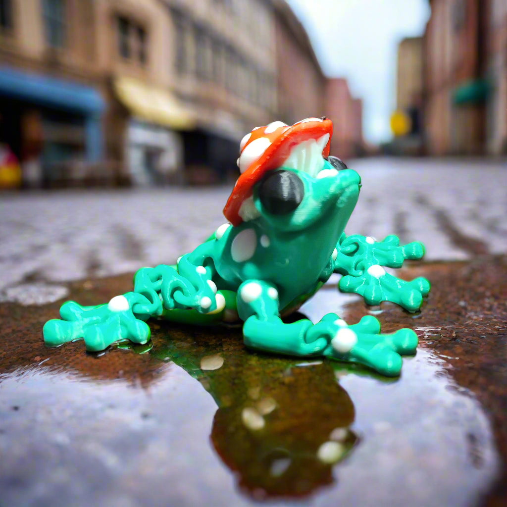frog with a mushroom hat on a wet cobblestone street