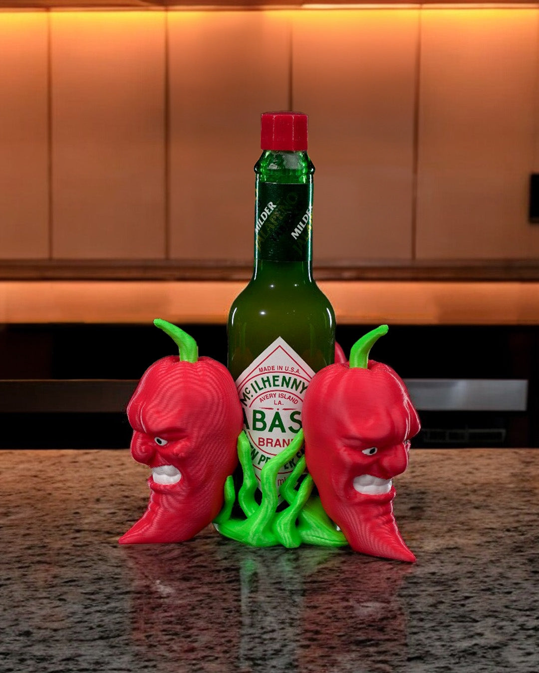 showcasing the yesh face pepper in the heat range tobasco holder manufactured by chuganations 3d lab