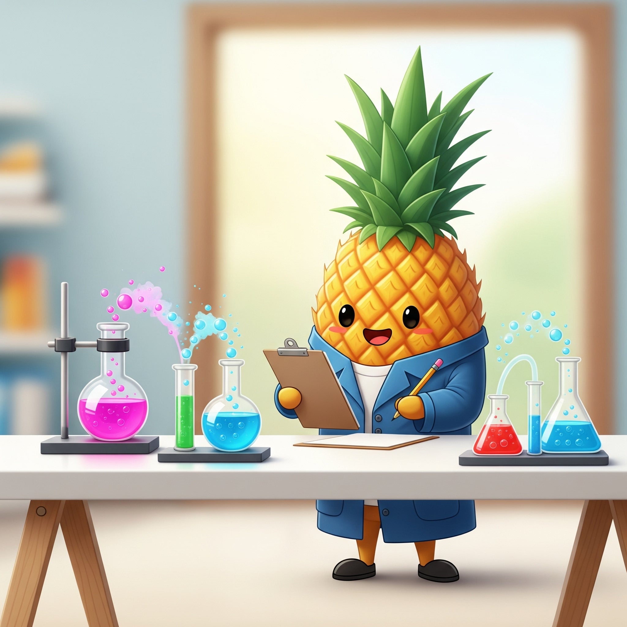 Cartoon pineapple character in a lab coat with science equipment
