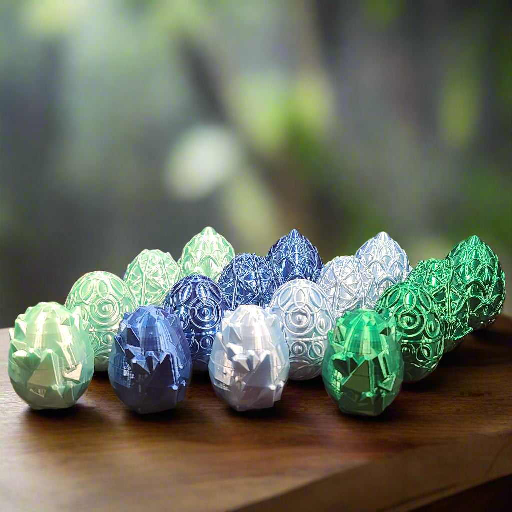 full set of eggs on a wooden table. featuring crystal eggs, featuring celestial eggs, featuring webbed eggs, and featuring cookie eggs.