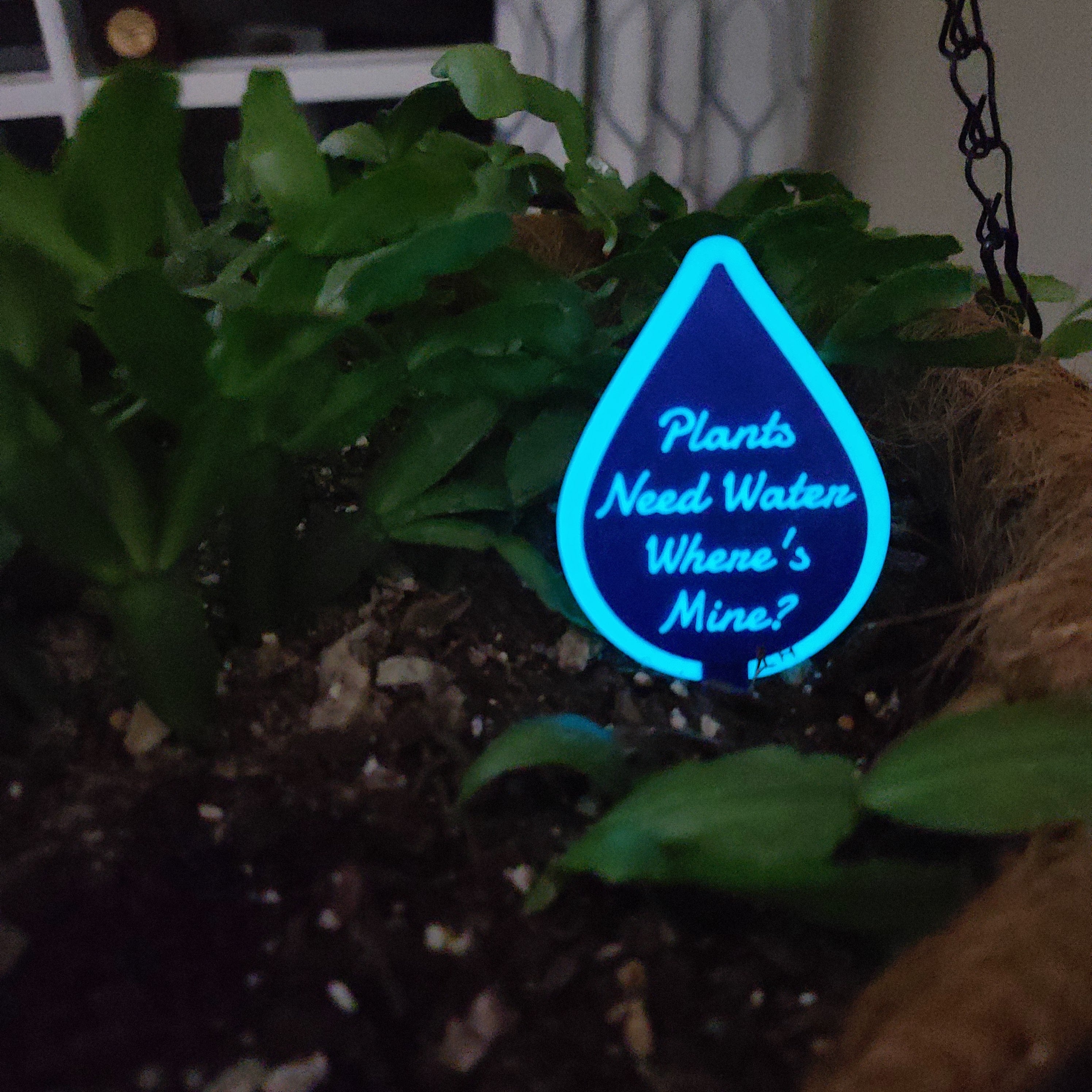 There is a hanging pot full of soil with a Christmas cactus growing in the soil. there is a stake in the soil in the shape of a water drop with the text 'Plants Need Water Where's Mine' in the middle. The ring around the droplet and the text are glowing blue.