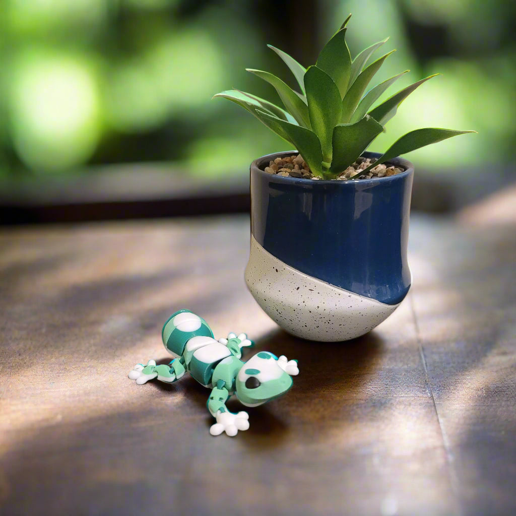 gecko fidget with a plant in the background.