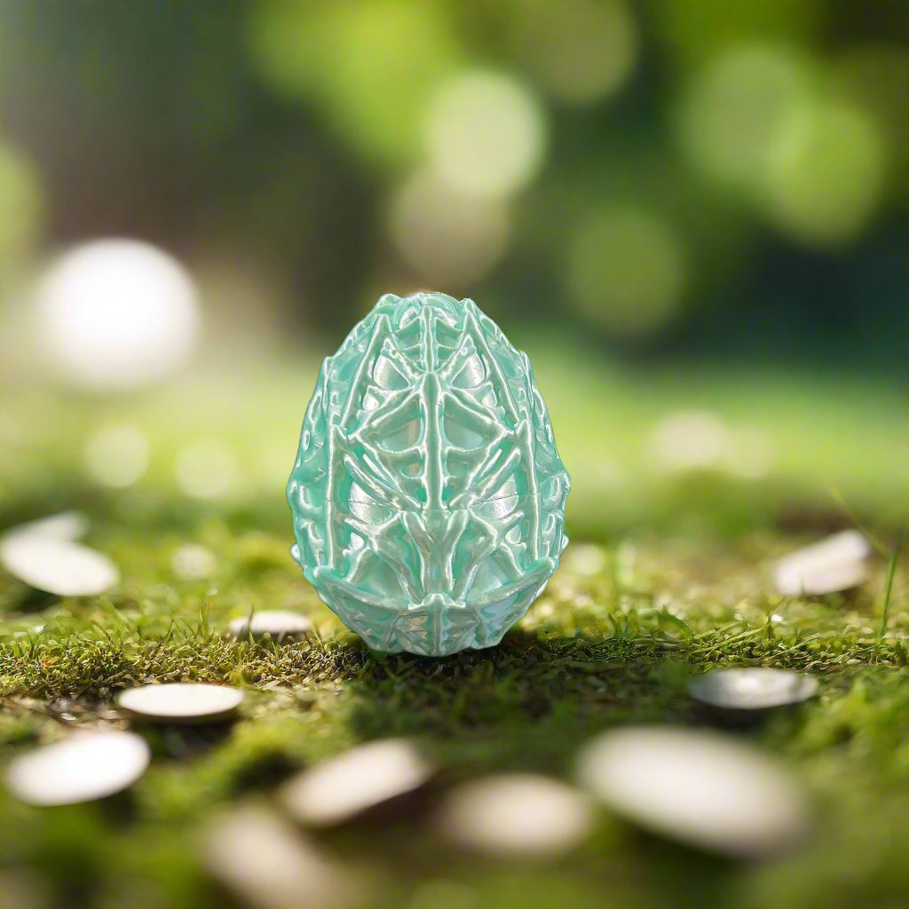 mint green egg covered with cobb webs, webbed egg