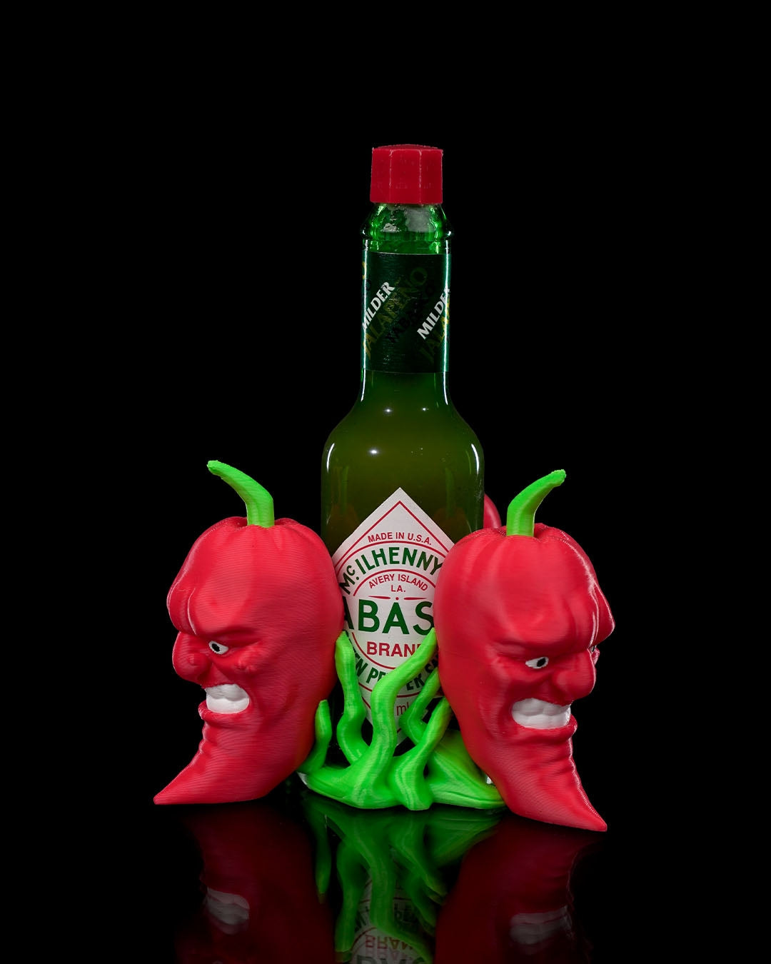showcasing the yesh (similar to angry) face pepper in the heat range tobasco holder manufactured by chuganations 3d lab