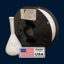 Spool of American Filament ice white PLA+ filament with printed sample on a blue background