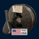 Spool of American Filament matte black PLA+ filament with printed sample on a blue background