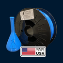 Spool of American Filament sky blue PLA+ filament with printed sample on a blue background